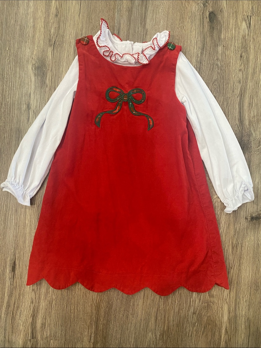 Girls' Red Bow Corduroy Jumper Set with White Blouse